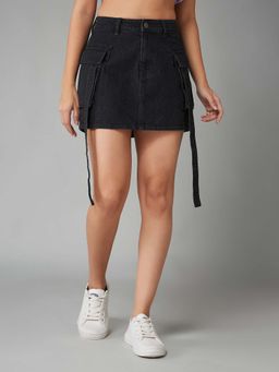 DOLCE CRUDO - Womens Black Straight High Rise Clean Look Mini Denim Skirt