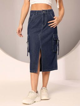 DOLCE CRUDO - Womens Navy Blue Straight High Rise Clean Look Midi Denim Skirt