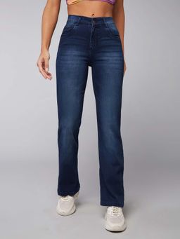 DOLCE CRUDO - Women Navy Blue Wide Leg Clean Look Regular Stretchable Denim Jeans