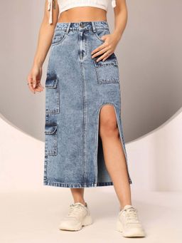 DOLCE CRUDO - Women's Blue Straight-Fit High-Rise Non-stretchable Denim Midi Skirt