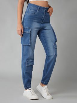 DOLCE CRUDO - Womens Mid Blue Regular High Rise Stretchable Denim Jeans
