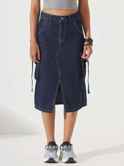 DOLCE CRUDO - Womens Navy Blue Straight High Rise Clean Look Midi Denim Skirt