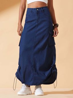 DOLCE CRUDO - Womens Navy Blue Baggy High Rise Ruched Parachute Denim Maxi Skirt