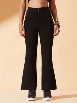 DOLCE CRUDO - Women's Black Bootcut Clean Look Regular Length Stretchable Denim Jeans