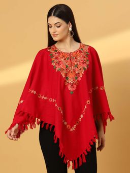 Zamour - Women Kashmiri Embroidery Red Poncho