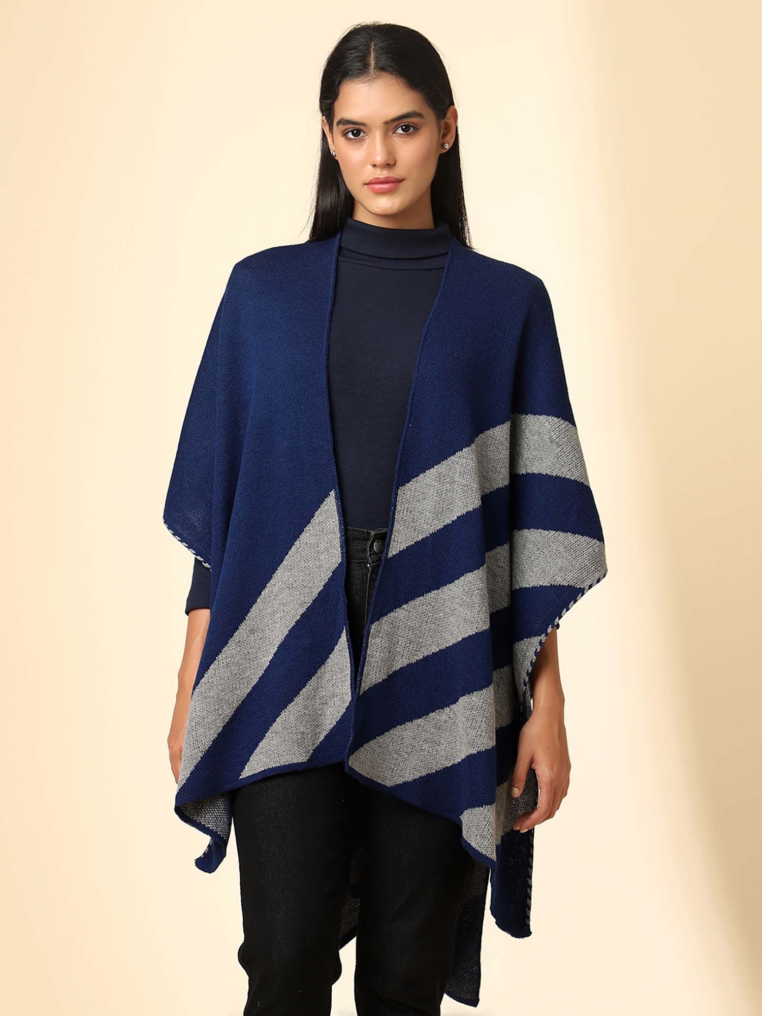 zamour Blue Open Front Striped Knitted Shrug-picture-37