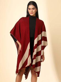 Zamour - Maroon Open Front Striped Knitted Shrug
