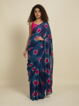 Suta - Blue and Pink Handcrafted Shibori Cotton Saree