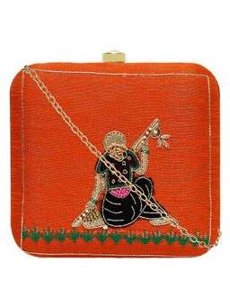 Horra - Zari Work Box Clutch Orange with Detachable Chain-S