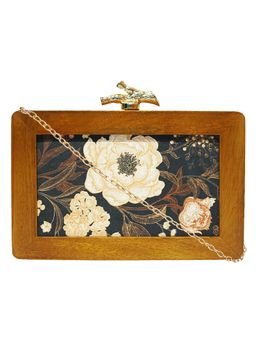 Horra - Floral Printed Wooden Box Clutch Brown with Detachable Chain-S