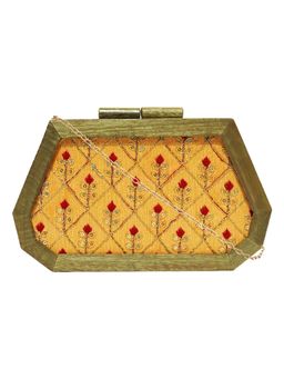 Horra - Zari Work Wooden Box Clutch Yellow with Detachable Chain-S
