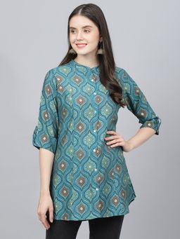 Divena - Teal Blue Motif Printed Modal A-line Shirts Style Top