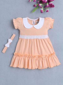 Bumzee - Peach Solid Dress and Headband (Set of 2)