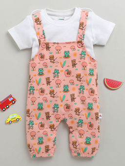 Bumzee - Peach Printed Dungaree and T-Shirt (Set of 2)