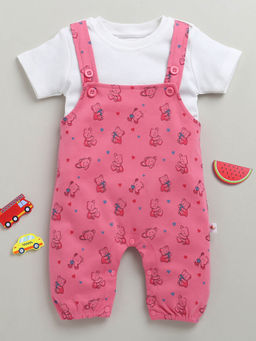 Bumzee - Pink Printed Dungaree and T-Shirt (Set of 2)