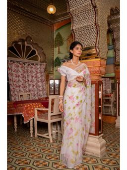 Geroo Jaipur - White Floral Hand Painted Chiffon Saree