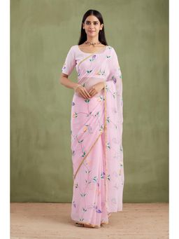 Geroo Jaipur - Pink Hand Painted Chiffon Saree