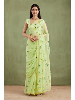 Geroo Jaipur - Green Hand Painted Floral Chiffon Saree