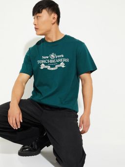 max - Men's Teal Cotton Regular Fit Printed T-Shirt