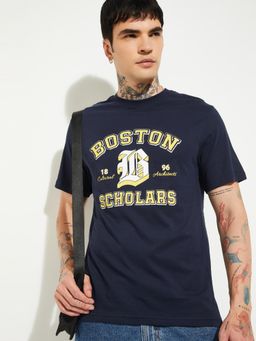 max - Men's Navy Blue Cotton Regular Fit Printed T-Shirt