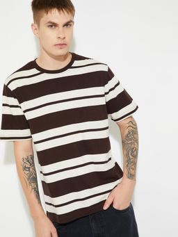 max - Men's Brown Cotton Regular Fit Stripes T-Shirt