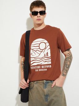 max - Men's Rust Cotton Regular Fit Printed T-Shirt