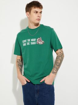 max - Men's Green Cotton Regular Fit Printed T-Shirt