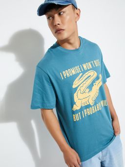 max - Men's Blue Cotton Regular Fit Printed T-Shirt