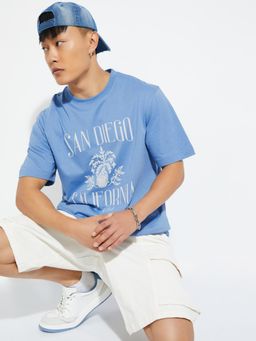 max - Men's Blue Cotton Regular Fit Printed T-Shirt