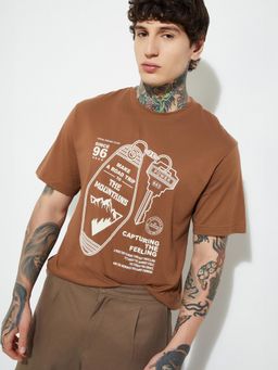 max - Men's Brown Cotton Regular Fit Printed T-Shirt
