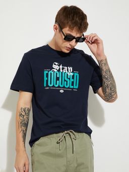 max - Men's Navy Blue Cotton Regular Fit Printed T-Shirt