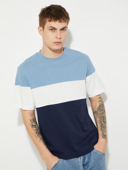 max - Men's Navy Blue Cotton Regular Fit Colorblock T-Shirt