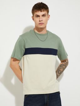 max - Men's Green Cotton Regular Fit Colorblock T-Shirt