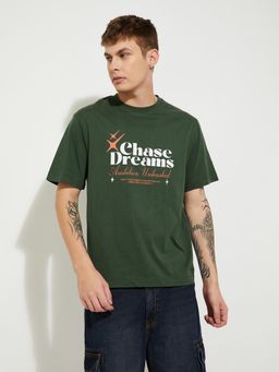 max - Men's Green Cotton Regular Fit Printed T-Shirt
