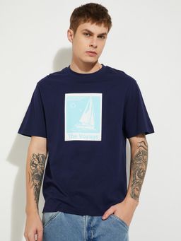 max - Men's Navy Blue Cotton Regular Fit Printed T-Shirt