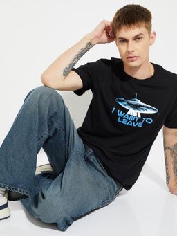 max - Men's Black Cotton Regular Fit Printed T-Shirt