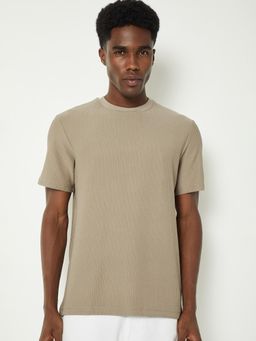 max - Men's Beige Cotton Regular Fit Textured T-Shirt