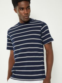 max - Men's Navy Blue Cotton Regular Fit Stripes T-Shirt