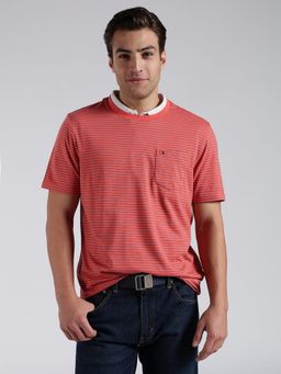 Tommy Hilfiger - Men's Orange Cotton Regular Fit Stripes T-Shirt