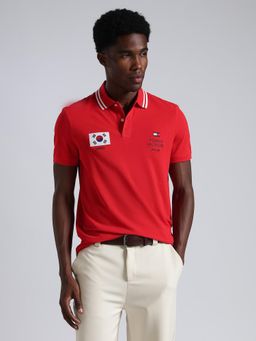 Tommy Hilfiger - Men's Red Cotton Regular Fit Embroidered Polo T-Shirt
