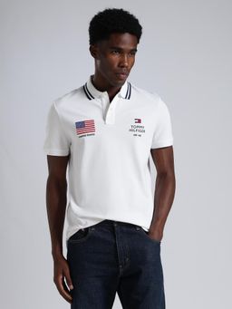 Tommy Hilfiger - Men's White Cotton Regular Fit Embroidered Polo T-Shirt