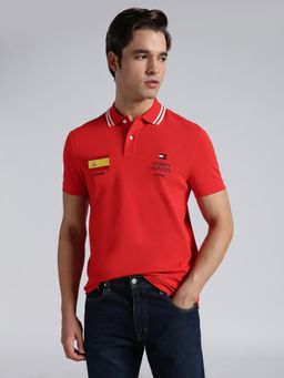 Tommy Hilfiger - Men's Red Cotton Regular Fit Embroidered Polo T-Shirt