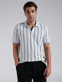 Tommy Hilfiger - Men's Blue Cotton Regular Fit Stripes Polo T-Shirt