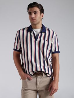 Tommy Hilfiger - Men's Multi-Color Cotton Regular Fit Stripes Polo T-Shirt
