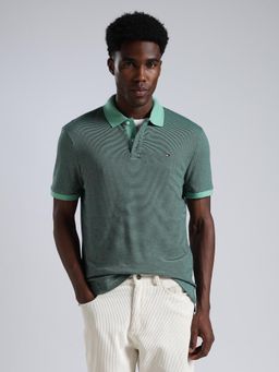Tommy Hilfiger - Men's Green Cotton Regular Fit Stripes Polo T-Shirt