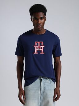 Tommy Hilfiger - Men's Navy Blue Cotton Regular Fit Embroidered T-Shirt