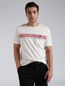 Tommy Hilfiger - Men's Off White Cotton Regular Fit Stripes T-Shirt