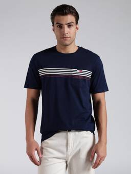 Tommy Hilfiger - Men's Navy Blue Cotton Regular Fit Stripes T-Shirt