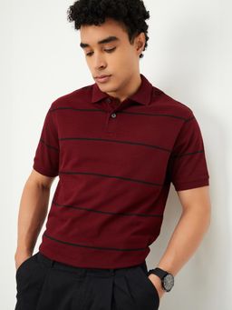 max - Men's Maroon Cotton Regular Fit Stripes Polo T-Shirt