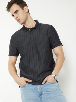 max - Men's Black Cotton Regular Fit Stripes Polo T-Shirt